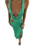Women’s Green Knit Maxi Dress with High Slit Backless V-Neck for Summer Beach Party and Going Out
